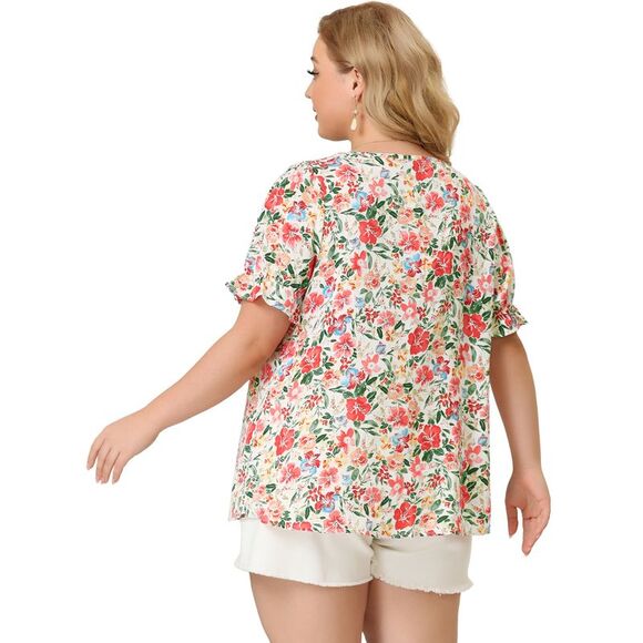 Plus Size Floral V Neck Ruffle Short Sleeve Chic Summer Tops White - Picture 5 of 8